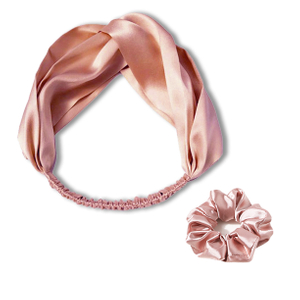 Pink Mulberry Silk Headband And Hair Scrunchie Set For Sleeping